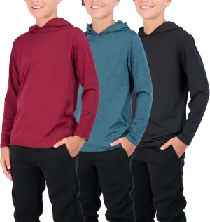3 Pack: Dry-Fit Youth Boys Teen Active Long Sleeve Hoodie Sweatshirts - Hooded Pullover Shirts