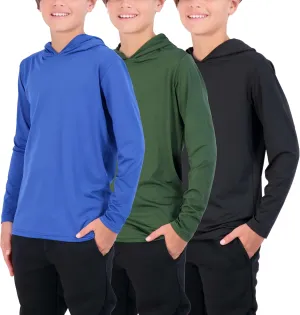 3 Pack: Dry-Fit Youth Boys Teen Active Long Sleeve Hoodie Sweatshirts - Hooded Pullover Shirts
