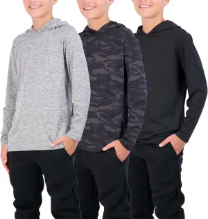3 Pack: Dry-Fit Youth Boys Teen Active Long Sleeve Hoodie Sweatshirts - Hooded Pullover Shirts