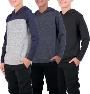 3 Pack: Dry-Fit Youth Boys Teen Active Long Sleeve Hoodie Sweatshirts - Hooded Pullover Shirts