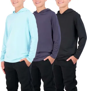 3 Pack: Dry-Fit Youth Boys Teen Active Long Sleeve Hoodie Sweatshirts - Hooded Pullover Shirts