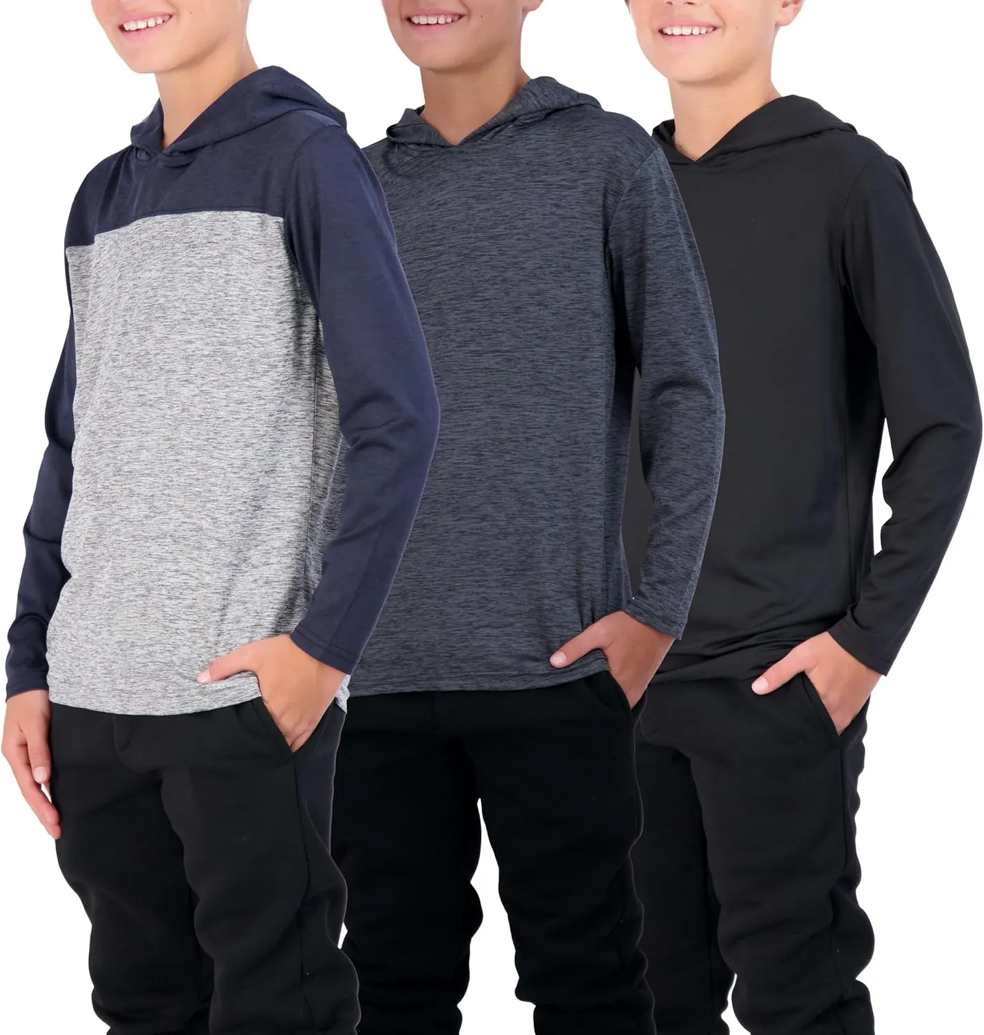 3 Pack: Dry-Fit Youth Boys Teen Active Long Sleeve Hoodie Sweatshirts - Hooded Pullover Shirts