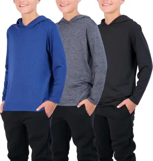 3 Pack: Dry-Fit Youth Boys Teen Active Long Sleeve Hoodie Sweatshirts - Hooded Pullover Shirts