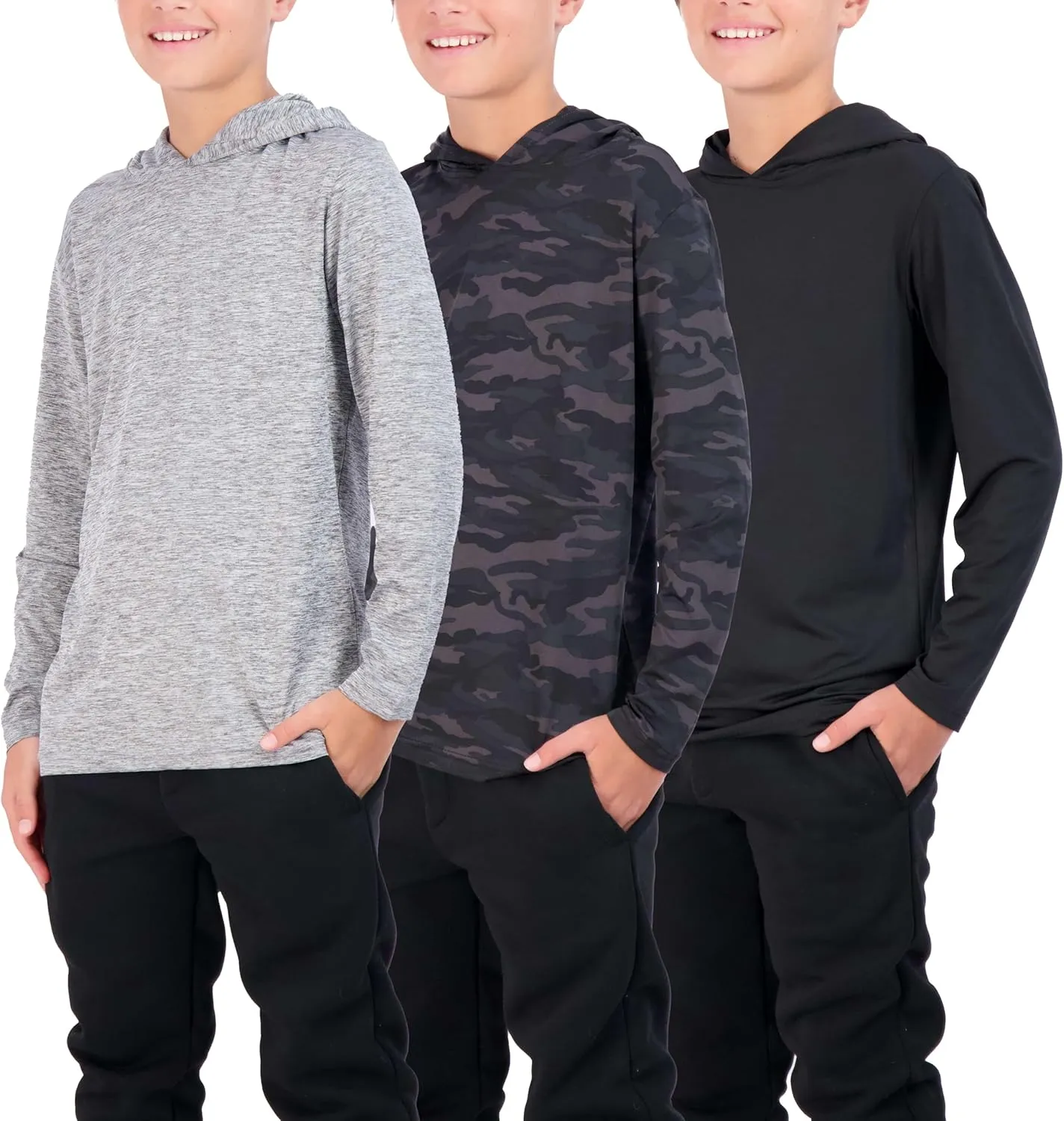 3 Pack: Dry-Fit Youth Boys Teen Active Long Sleeve Hoodie Sweatshirts - Hooded Pullover Shirts