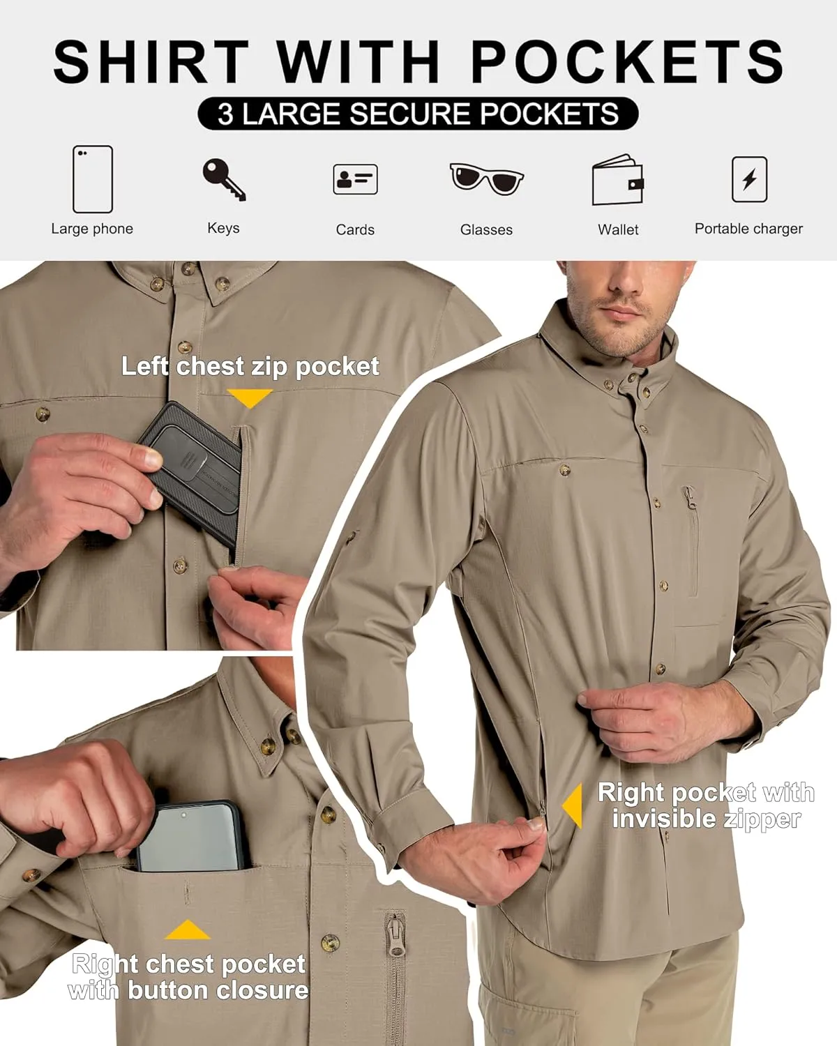 33,000ft Men's UPF 50  UV Protection Long Sleeve Hiking Shirts Breathable Quick Dry Fishing Shirts for Safari, Outdoor