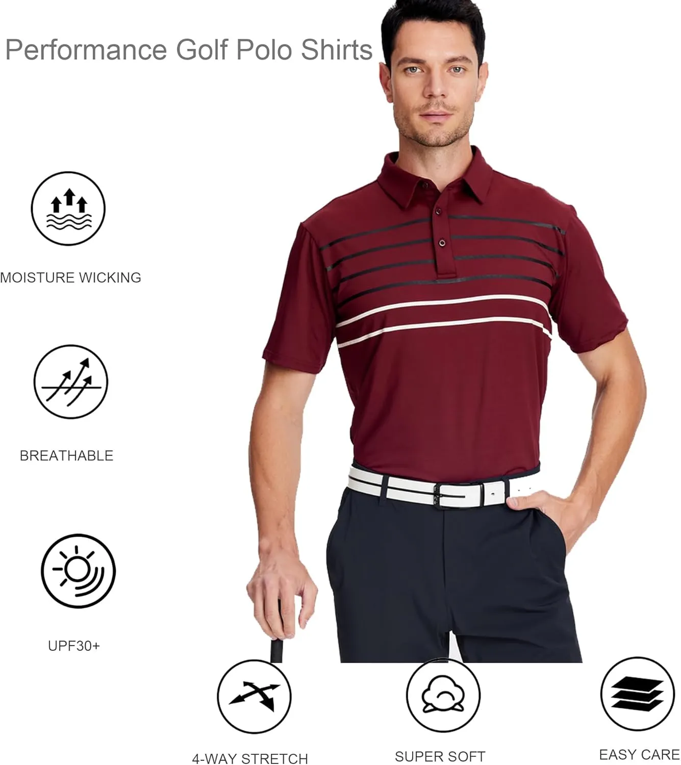 Alex Vando Mens Striped Golf Shirt Moisture Wicking Quick-Dry Sports Polo Shirts