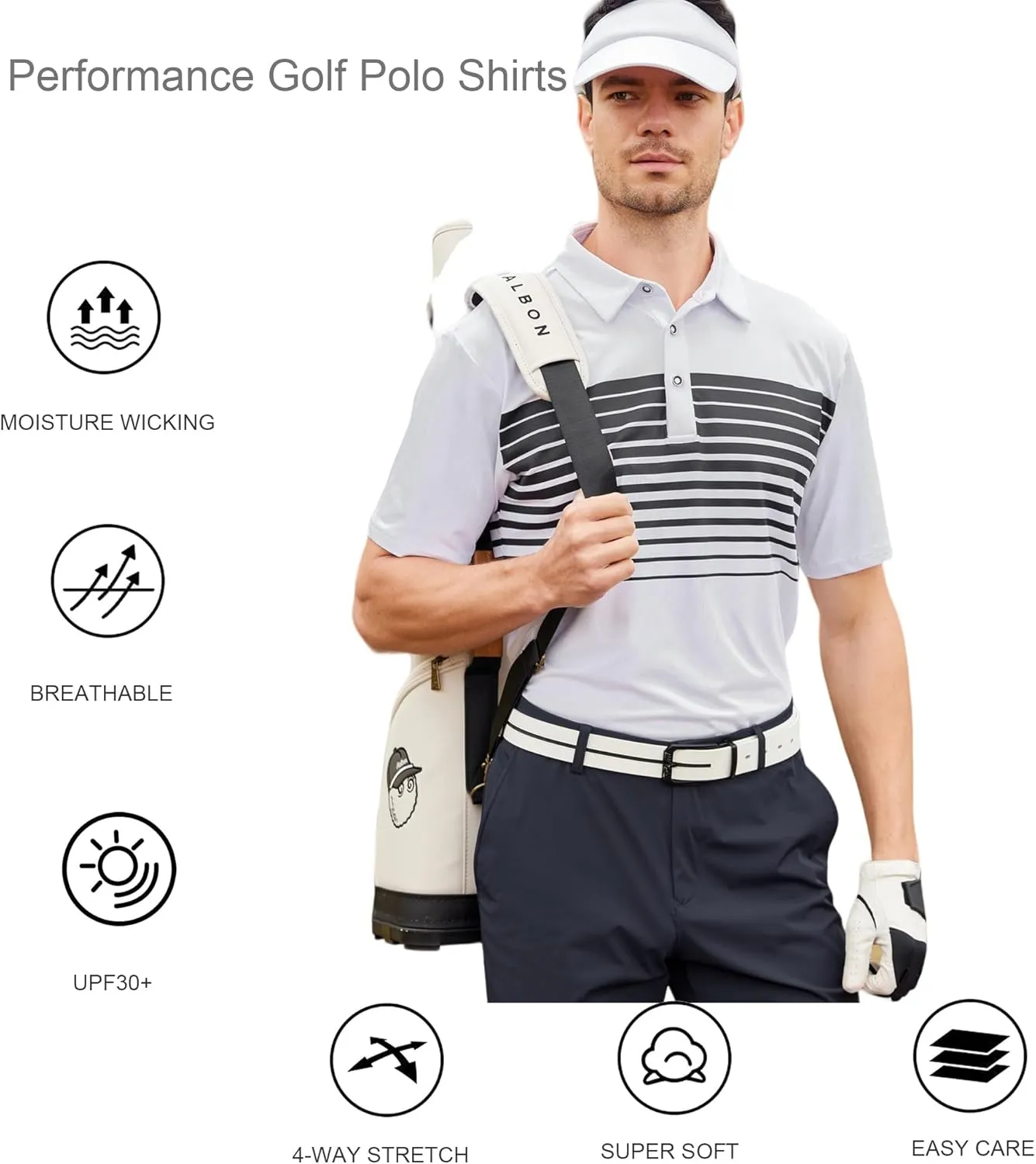 Alex Vando Mens Striped Golf Shirt Moisture Wicking Quick-Dry Sports Polo Shirts