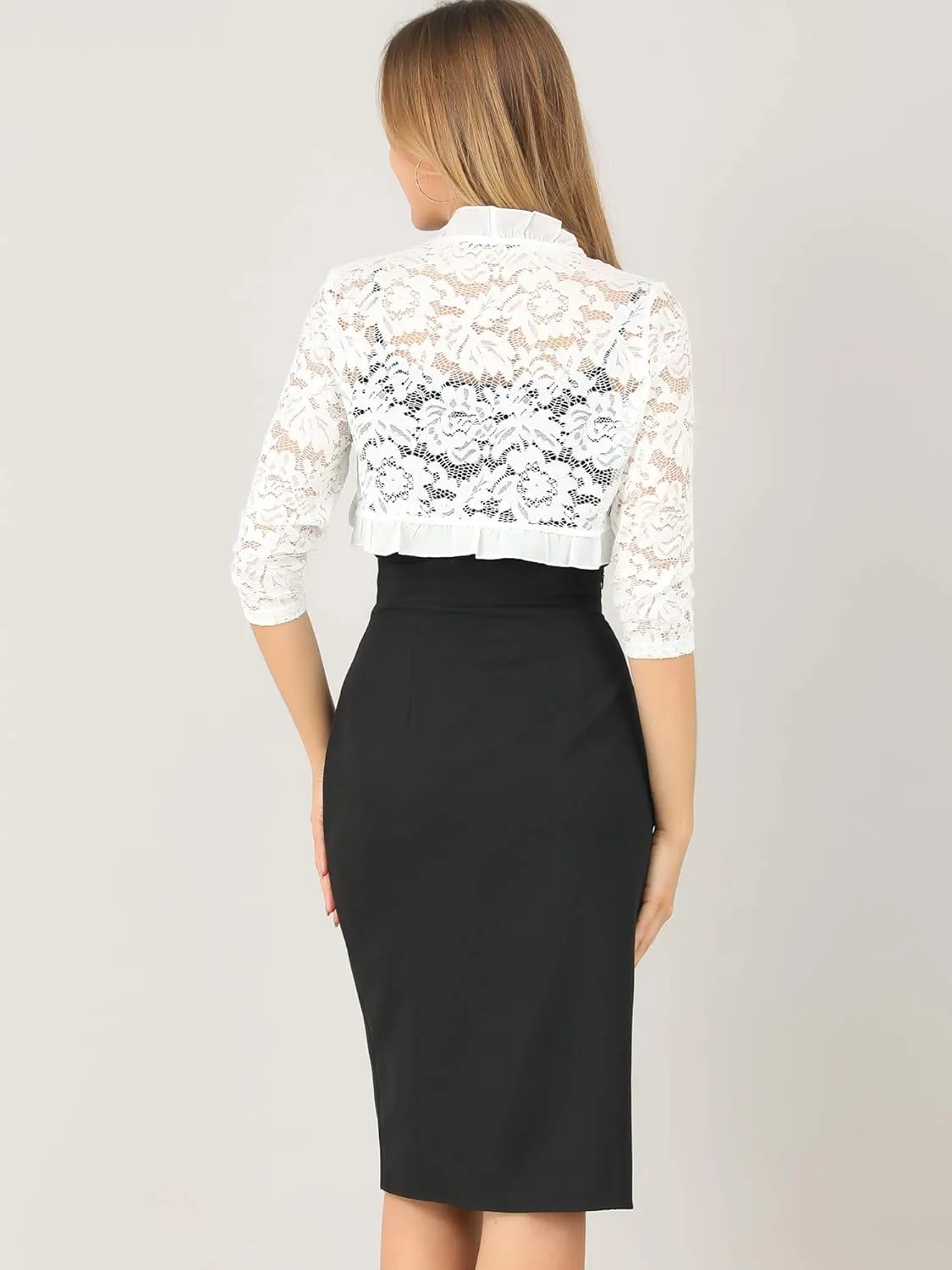 Allegra K Women's Elegant Lace Cardigan Ruffle Collar Crop 3/4 Sleeve Sheer Bolero Floral Lace Shrug Top