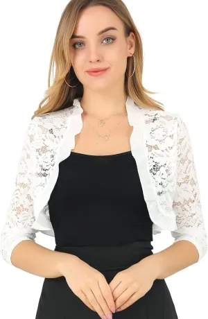 Allegra K Women's Elegant Lace Cardigan Ruffle Collar Crop 3/4 Sleeve Sheer Bolero Floral Lace Shrug Top