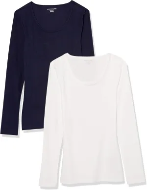 Amazon Essentials Sweater for Women, Long Sleeve Slim-Fit Rib Scoop Neck (Available in Plus Size), Pack of 2