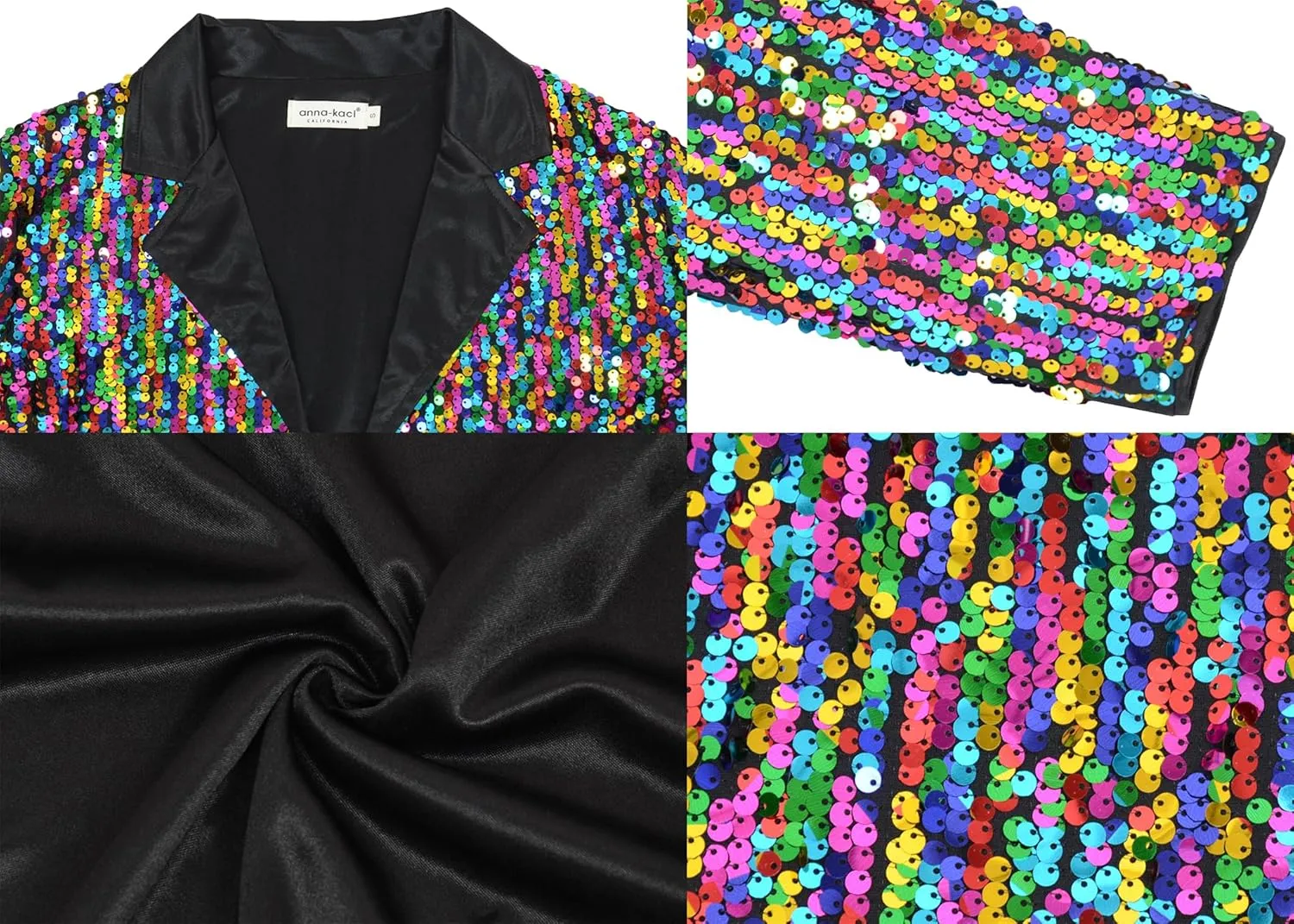 Anna-Kaci Women's Sparkly Crop Sequin Blazer Jacket Long Sleeve Party Club Cardigan Out, Black and Silver, Large