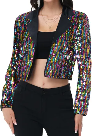 Anna-Kaci Women's Sparkly Crop Sequin Blazer Jacket Long Sleeve Party Club Cardigan Out, Black and Silver, Large