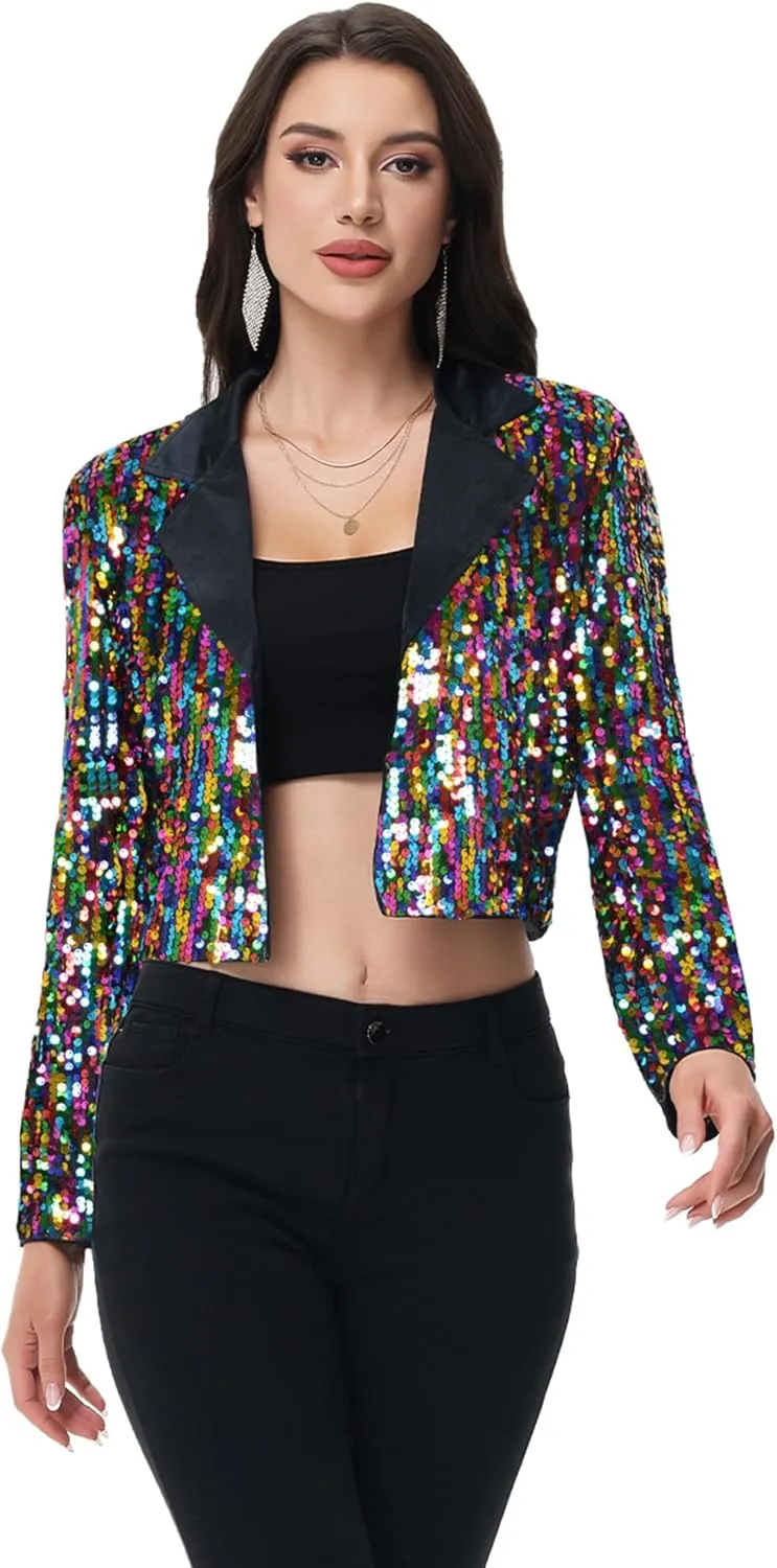 Anna-Kaci Women's Sparkly Crop Sequin Blazer Jacket Long Sleeve Party Club Cardigan Out, Black and Silver, Large
