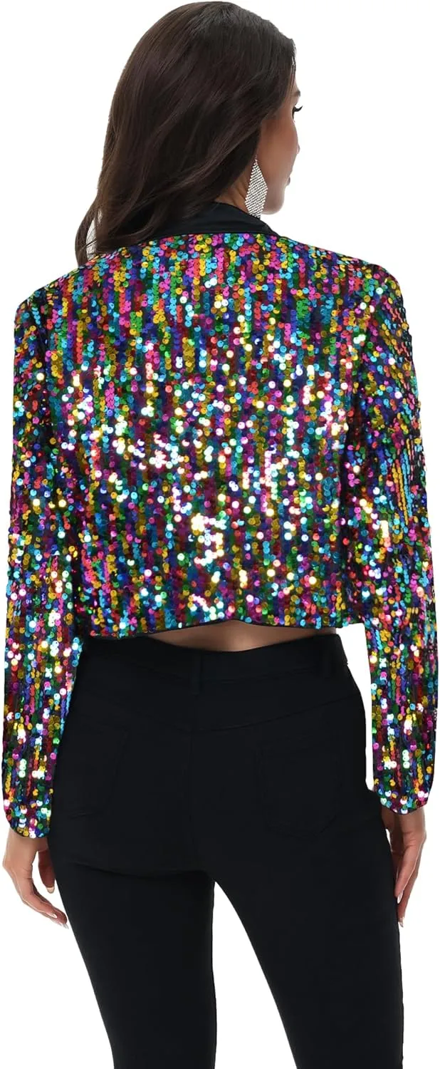 Anna-Kaci Women's Sparkly Crop Sequin Blazer Jacket Long Sleeve Party Club Cardigan Out, Black and Silver, Large