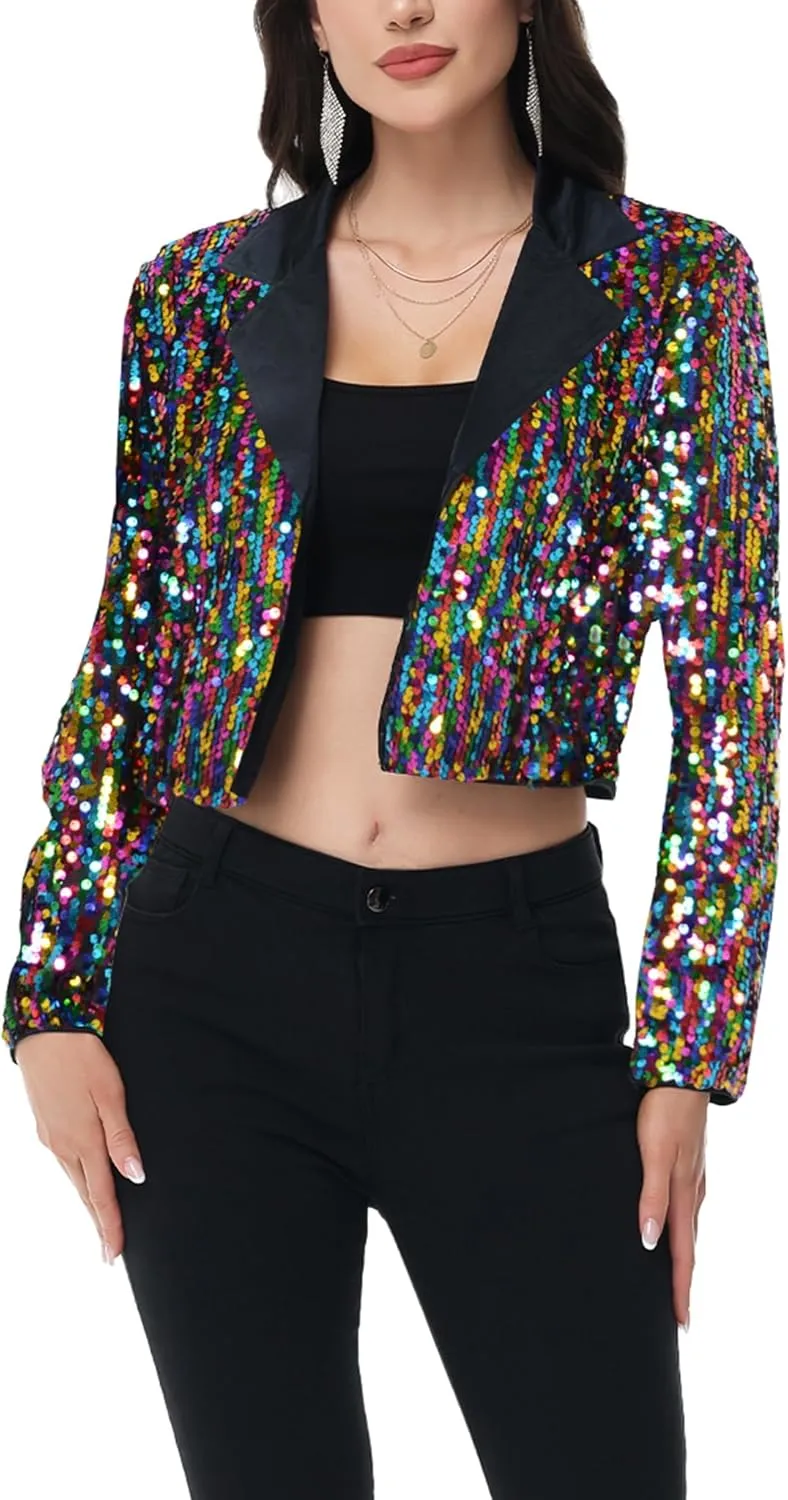 Anna-Kaci Women's Sparkly Crop Sequin Blazer Jacket Long Sleeve Party Club Cardigan Out, Black and Silver, Large
