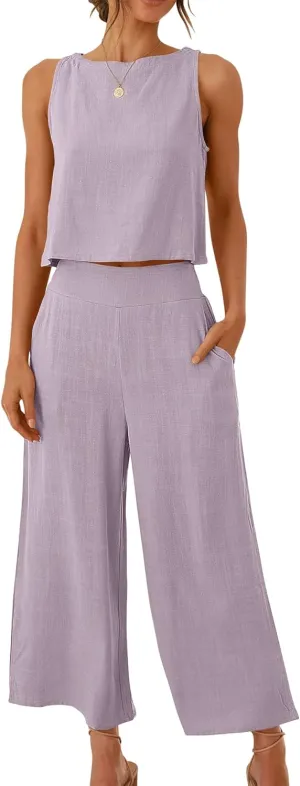 ANRABESS Women's Summer 2 Piece Outfits Sleeveless Crop Top Capri Wide Leg Pants Jumpsuit Linen Lounge Beach Travel Sets