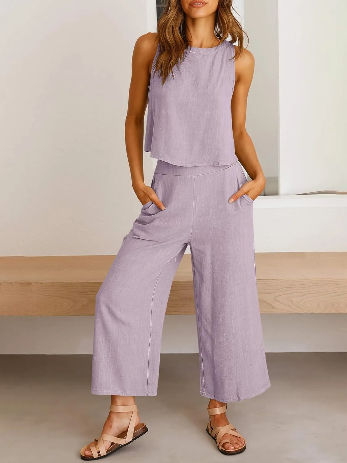 ANRABESS Women's Summer 2 Piece Outfits Sleeveless Crop Top Capri Wide Leg Pants Jumpsuit Linen Lounge Beach Travel Sets