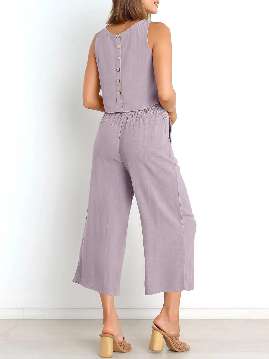 ANRABESS Women's Summer 2 Piece Outfits Sleeveless Crop Top Capri Wide Leg Pants Jumpsuit Linen Lounge Beach Travel Sets