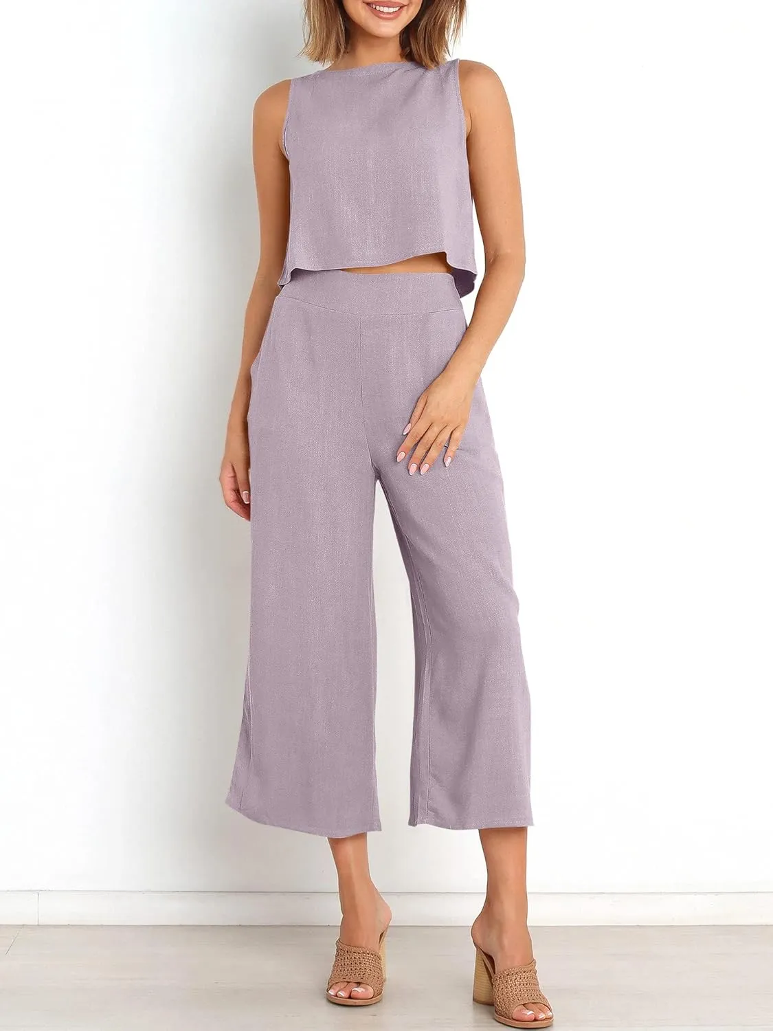 ANRABESS Women's Summer 2 Piece Outfits Sleeveless Crop Top Capri Wide Leg Pants Jumpsuit Linen Lounge Beach Travel Sets