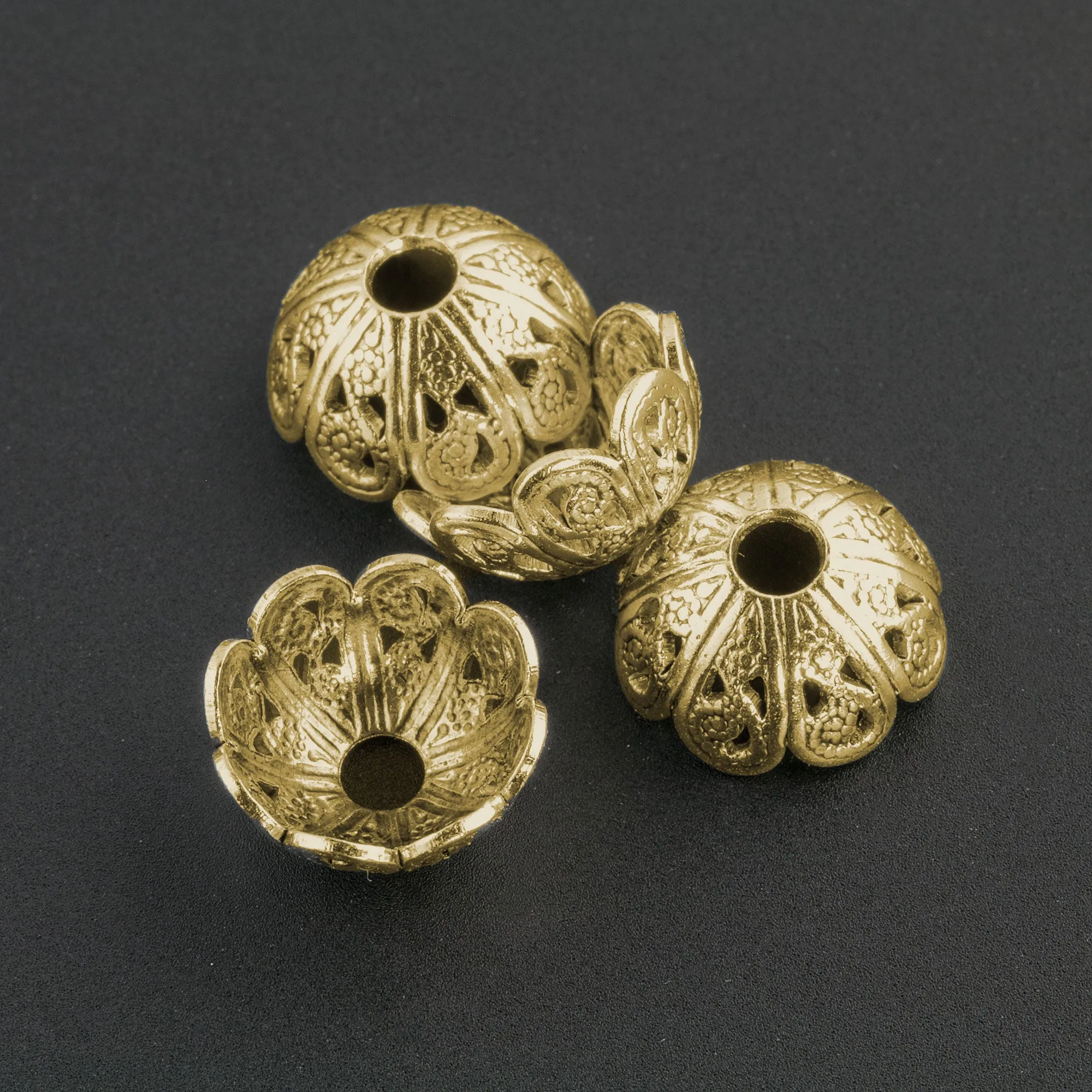 Antique gold plated solid brass filigree beadcaps from antique mold. 5x10mm Pkg of 4. B9-0495g