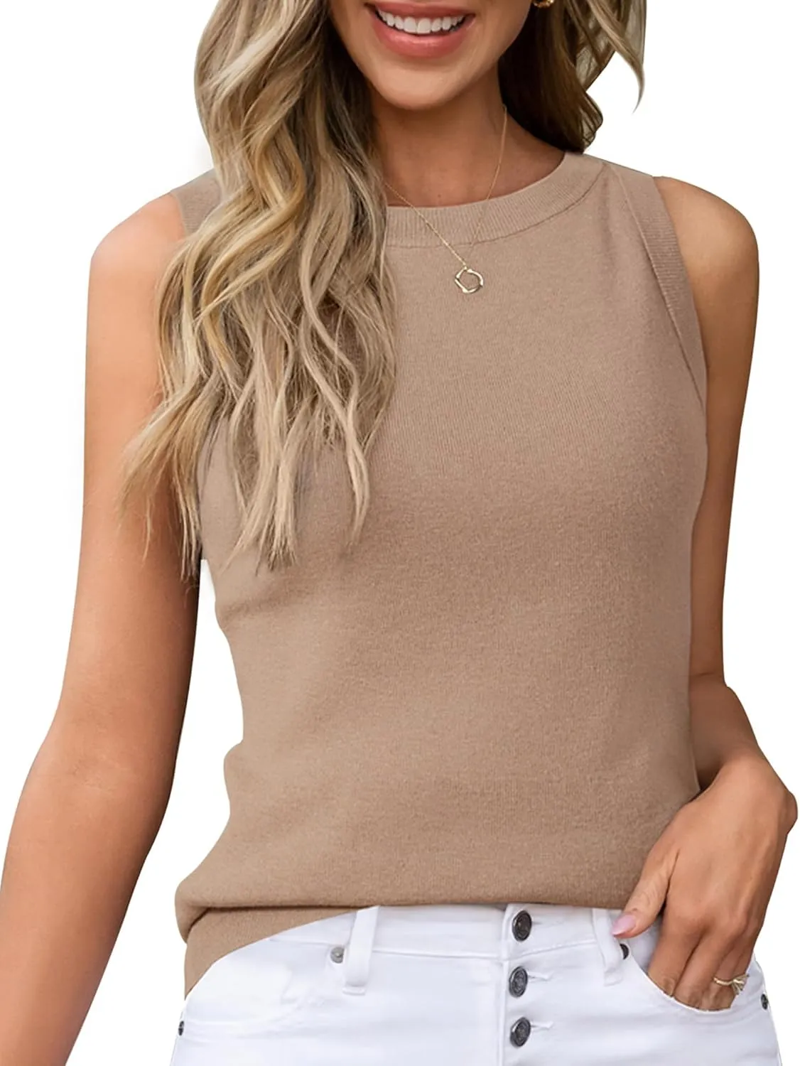 Arach&Cloz 2025 Women's Non See Through Tank Tops Spring Summer Sleeveless Crew Neck Knit Business Casual Outfits