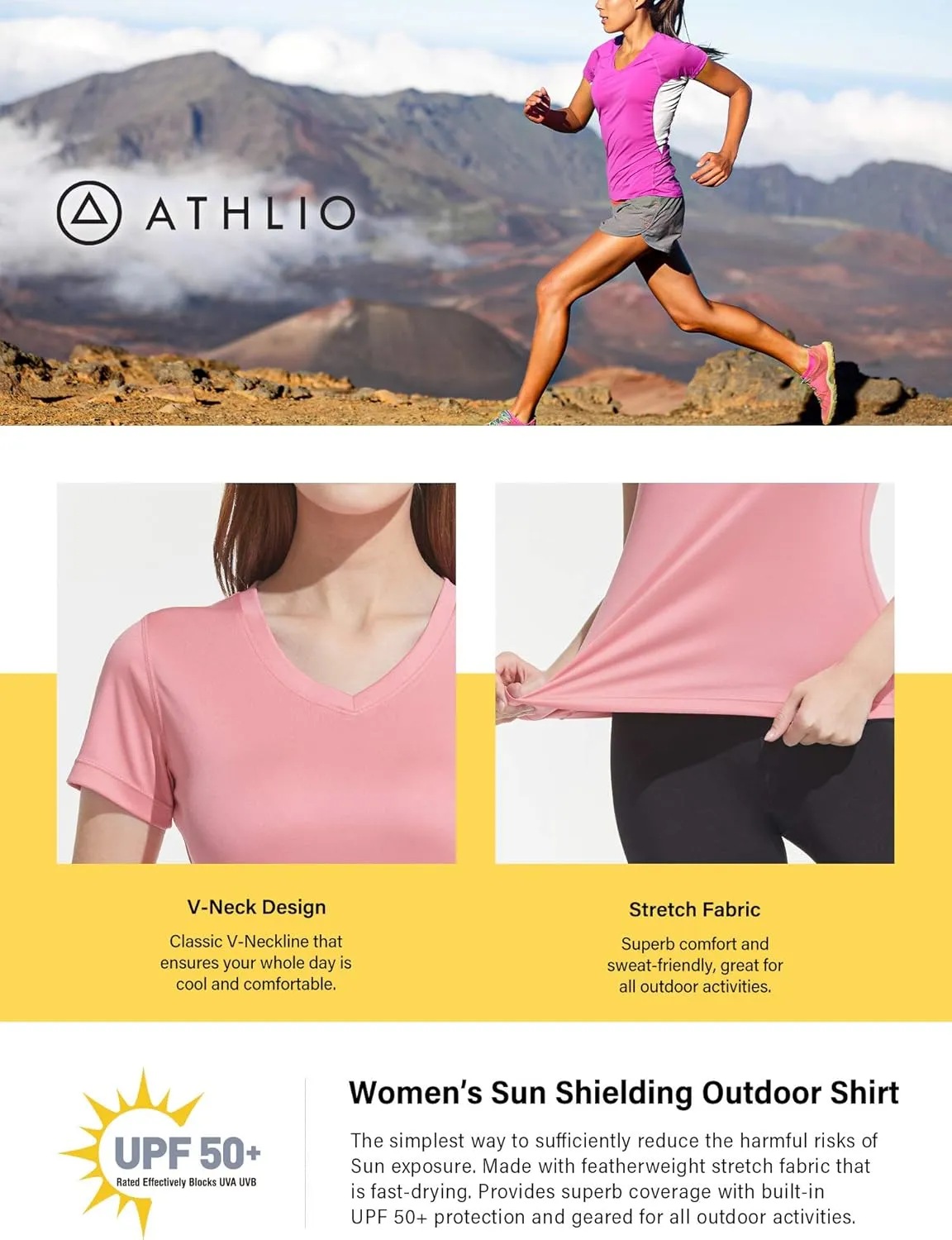 ATHLIO Women's V-Neck Rash Guard Swim Shirts, UPF 50  UV Protection Short Sleeve T-Shirts, Quick Dry Water Shirts