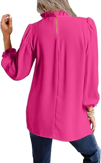 Avanova Women Polka Dot Long Sleeve Blouse Shirts Work Mock Neck Ruffle Top