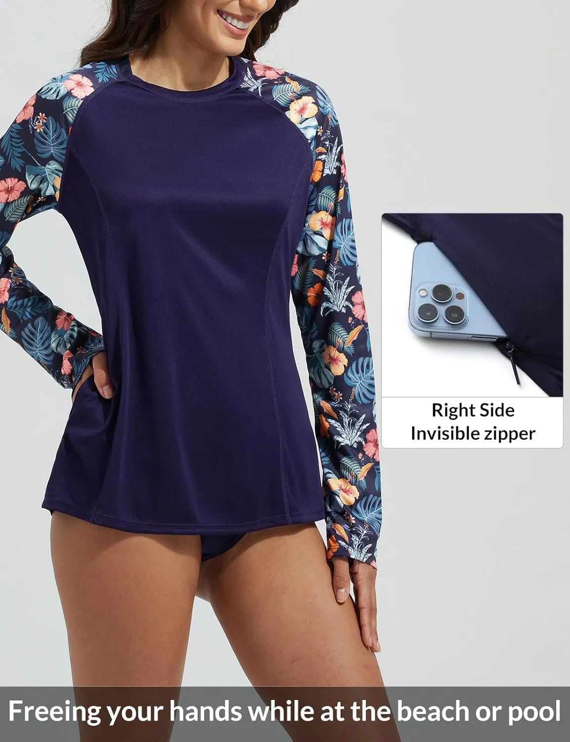 baleaf Rash Guard for Women Swim Shirts UPF 50  UV Sun Protection Long Sleeve Swimsuit Top Zipper Pocket Thumbhole