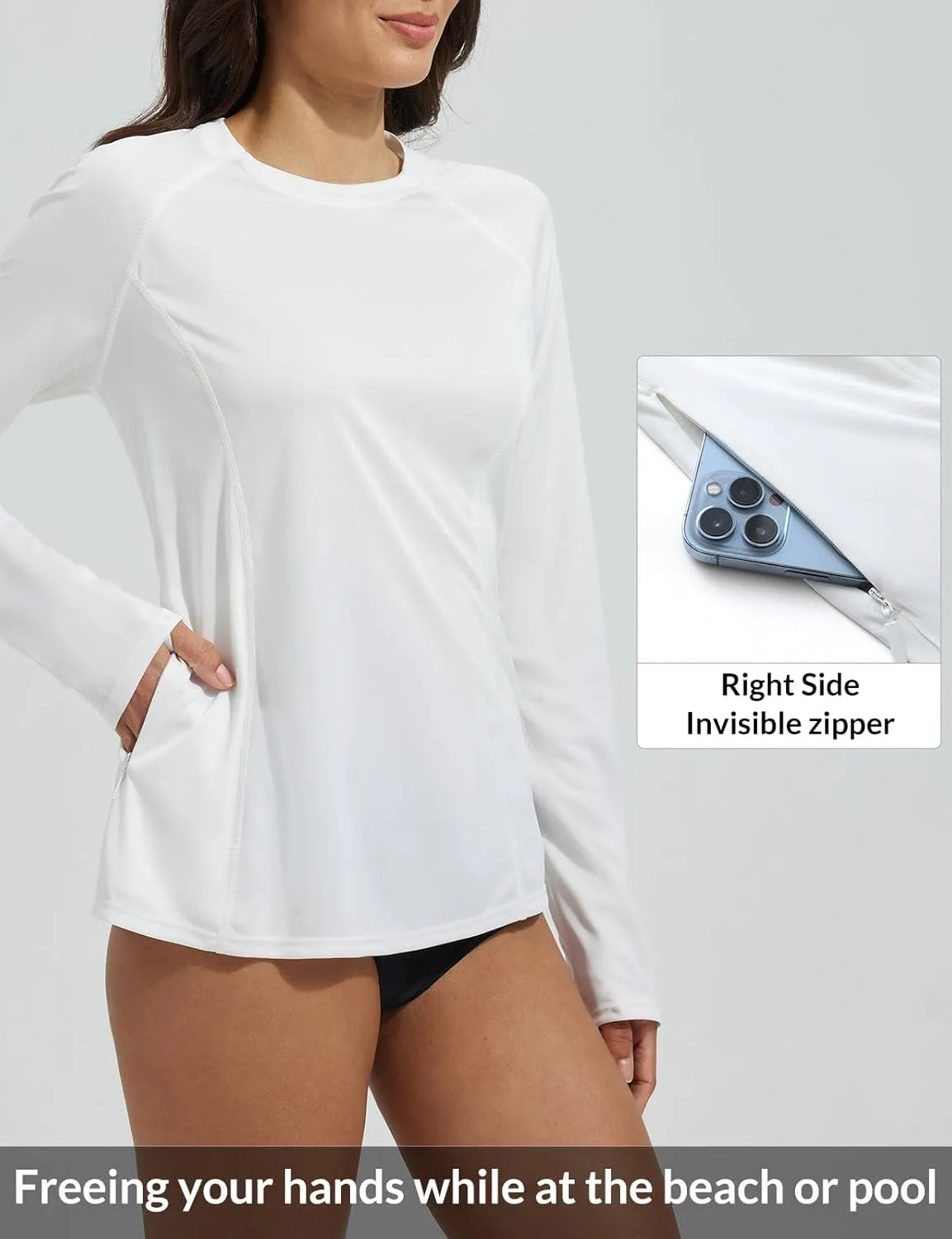 baleaf Rash Guard for Women Swim Shirts UPF 50  UV Sun Protection Long Sleeve Swimsuit Top Zipper Pocket Thumbhole