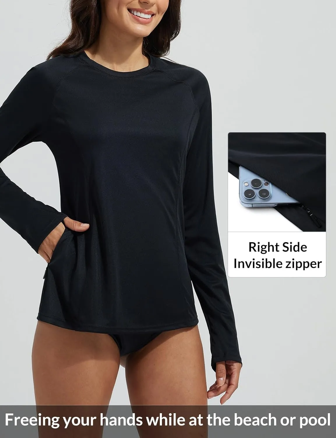 baleaf Rash Guard for Women Swim Shirts UPF 50  UV Sun Protection Long Sleeve Swimsuit Top Zipper Pocket Thumbhole