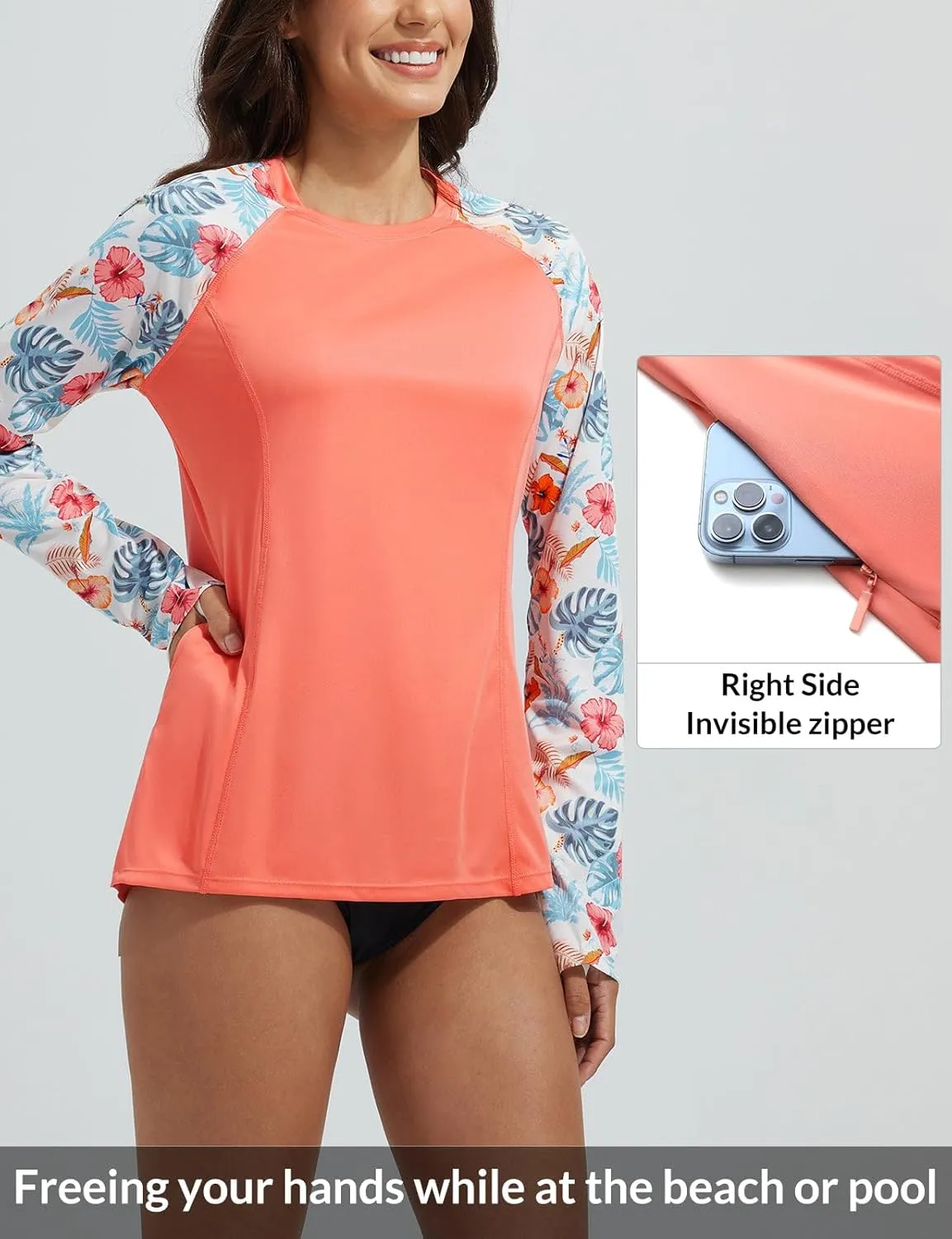 baleaf Rash Guard for Women Swim Shirts UPF 50  UV Sun Protection Long Sleeve Swimsuit Top Zipper Pocket Thumbhole