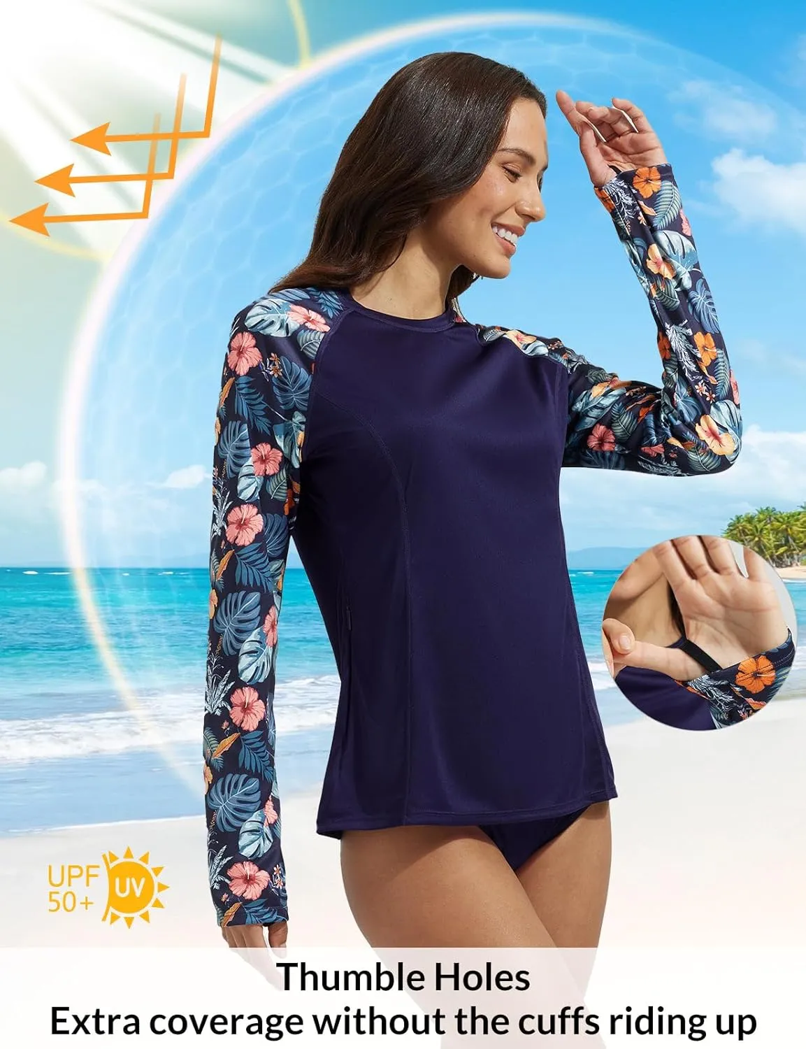 baleaf Rash Guard for Women Swim Shirts UPF 50  UV Sun Protection Long Sleeve Swimsuit Top Zipper Pocket Thumbhole