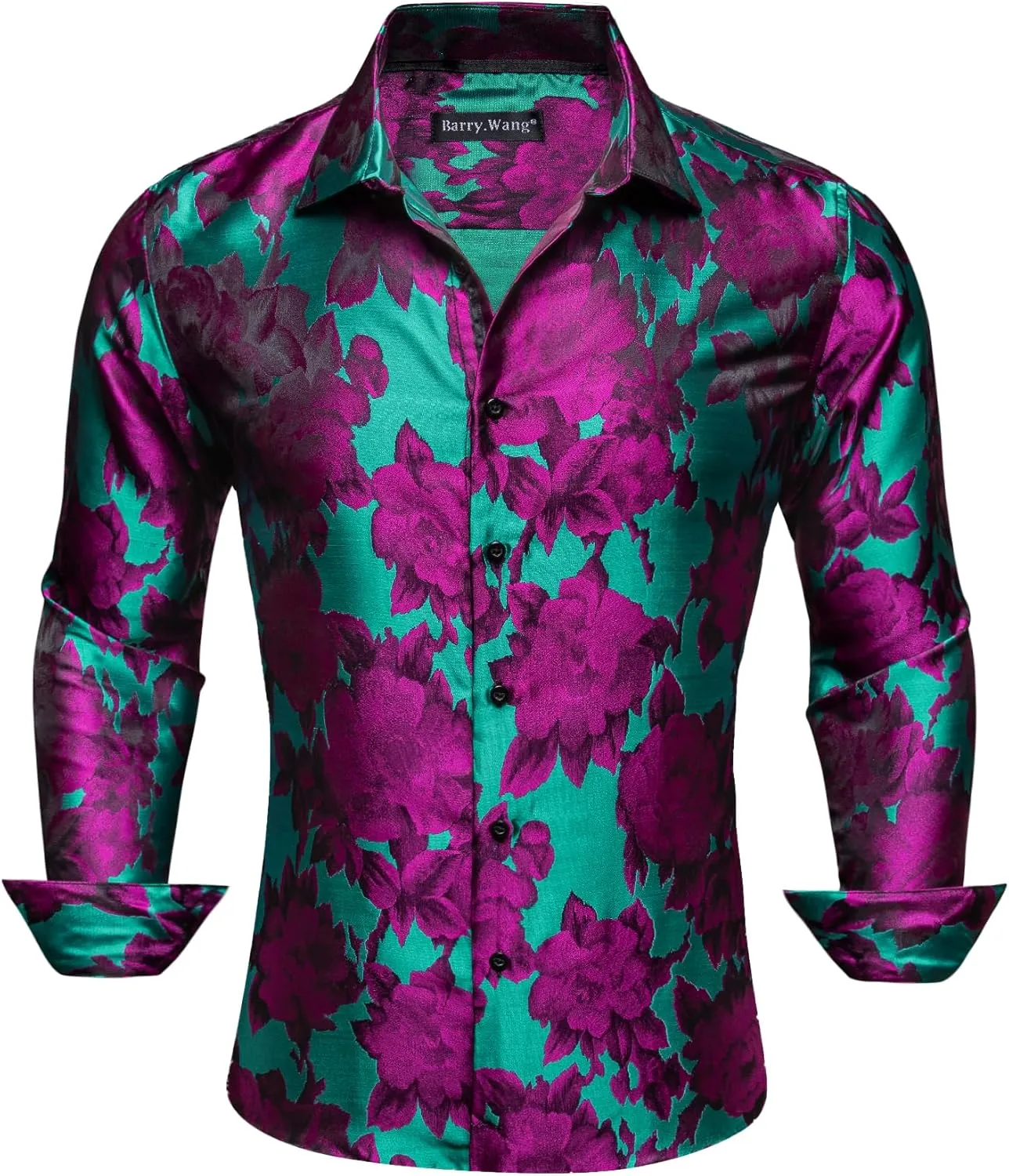 Barry.Wang Mens Silk Shirts Floral Paisley Button Down Dress Shirt for Men Mexico Western Cowboy Shirt with Brooch Vintage