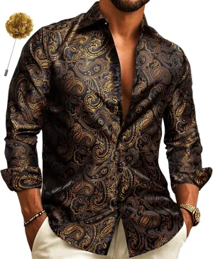 Barry.Wang Mens Silk Shirts Floral Paisley Button Down Dress Shirt for Men Mexico Western Cowboy Shirt with Brooch Vintage