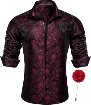 Barry.Wang Mens Silk Shirts Floral Paisley Button Down Dress Shirt for Men Mexico Western Cowboy Shirt with Brooch Vintage