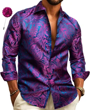 Barry.Wang Mens Silk Shirts Floral Paisley Button Down Dress Shirt for Men Mexico Western Cowboy Shirt with Brooch Vintage