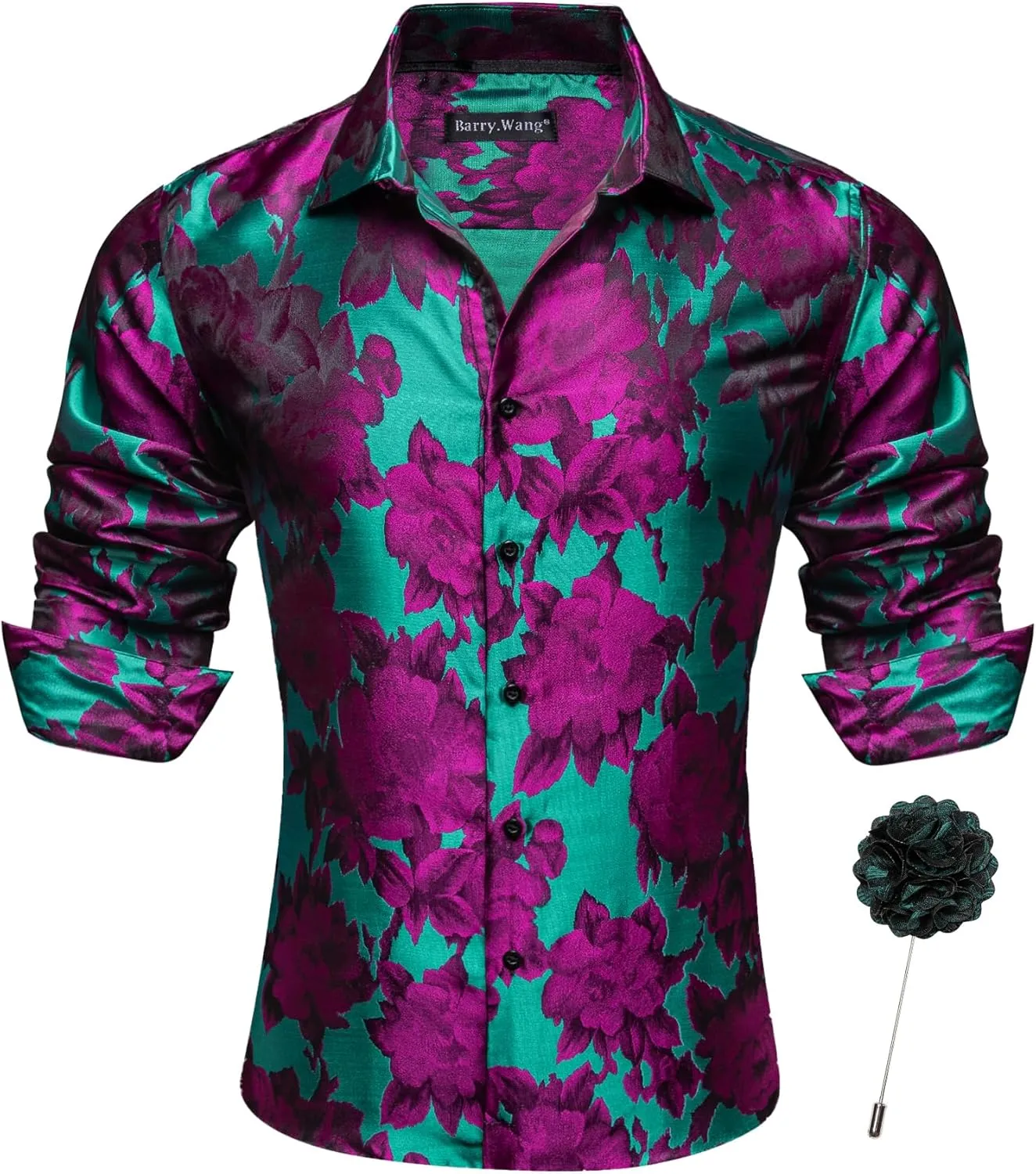 Barry.Wang Mens Silk Shirts Floral Paisley Button Down Dress Shirt for Men Mexico Western Cowboy Shirt with Brooch Vintage