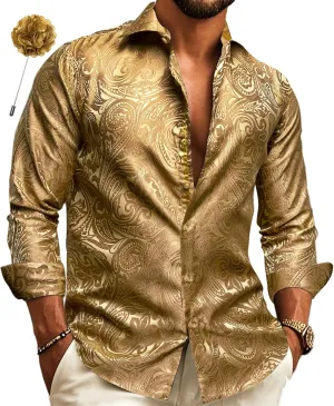 Barry.Wang Mens Silk Shirts Floral Paisley Button Down Dress Shirt for Men Mexico Western Cowboy Shirt with Brooch Vintage