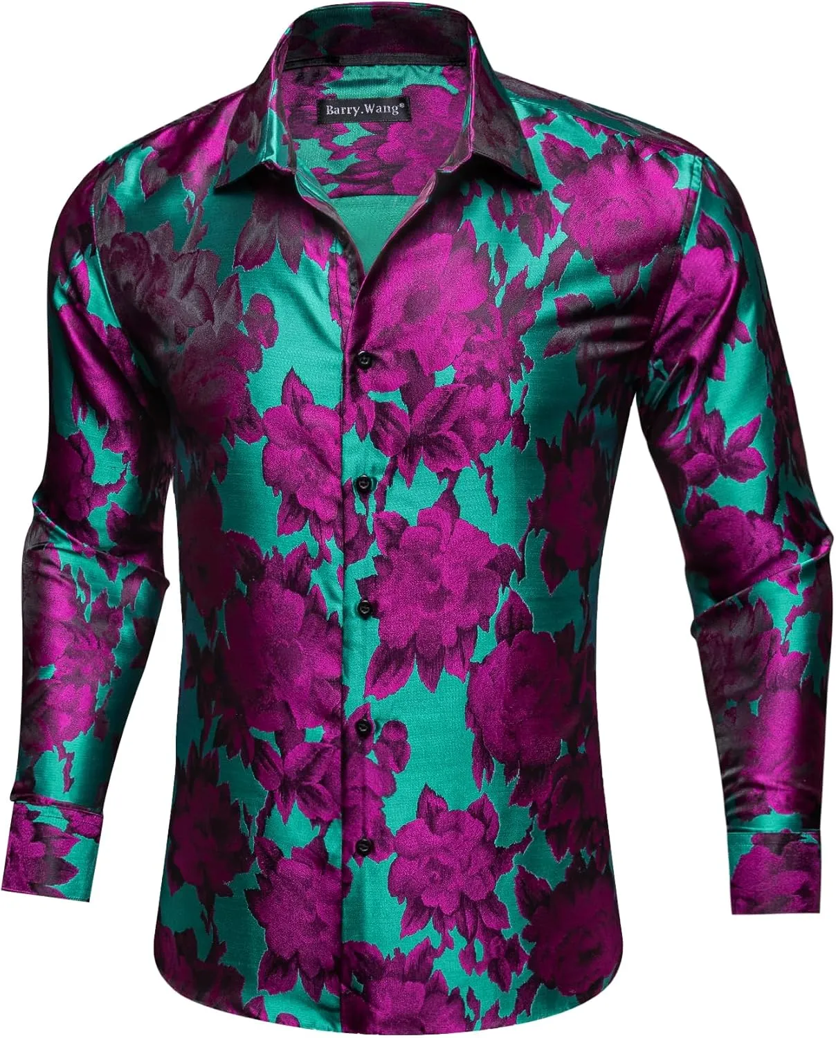 Barry.Wang Mens Silk Shirts Floral Paisley Button Down Dress Shirt for Men Mexico Western Cowboy Shirt with Brooch Vintage