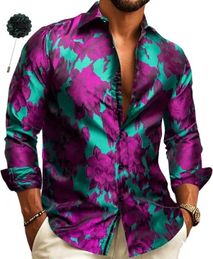 Barry.Wang Mens Silk Shirts Floral Paisley Button Down Dress Shirt for Men Mexico Western Cowboy Shirt with Brooch Vintage