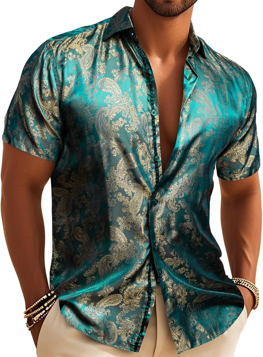 Barry.Wang Men's Silk Shirts Short Sleeve Western Designer Button Down Paisley Shirt Casual Beach Summer Party Mexico