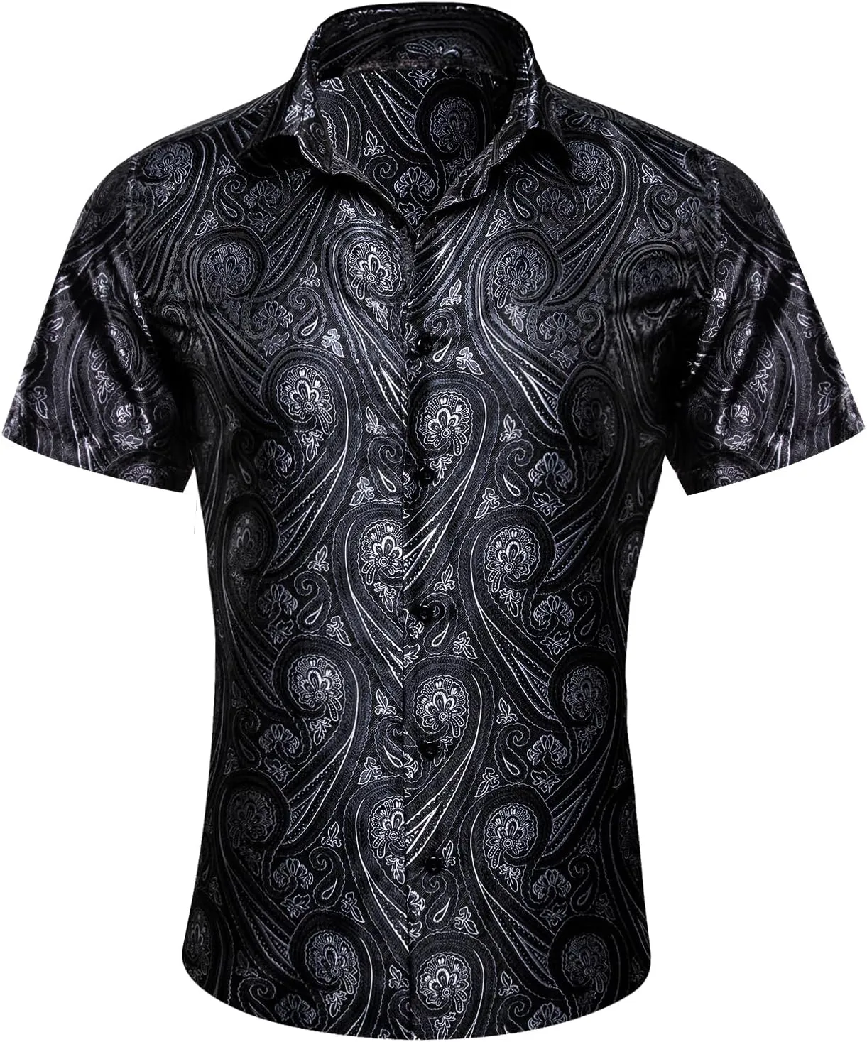 Barry.Wang Men's Silk Shirts Short Sleeve Western Designer Button Down Paisley Shirt Casual Beach Summer Party Mexico