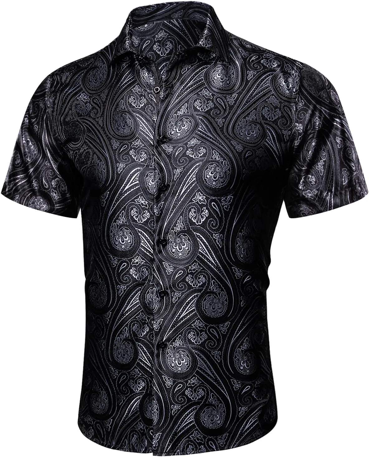Barry.Wang Men's Silk Shirts Short Sleeve Western Designer Button Down Paisley Shirt Casual Beach Summer Party Mexico