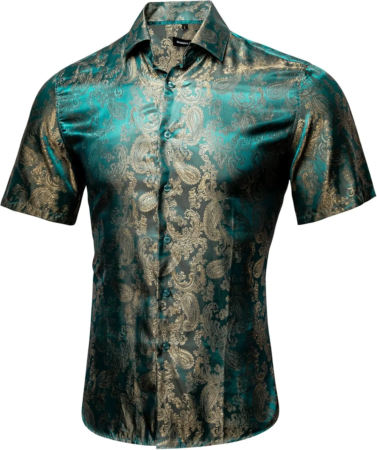 Barry.Wang Men's Silk Shirts Short Sleeve Western Designer Button Down Paisley Shirt Casual Beach Summer Party Mexico