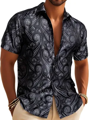 Barry.Wang Men's Silk Shirts Short Sleeve Western Designer Button Down Paisley Shirt Casual Beach Summer Party Mexico
