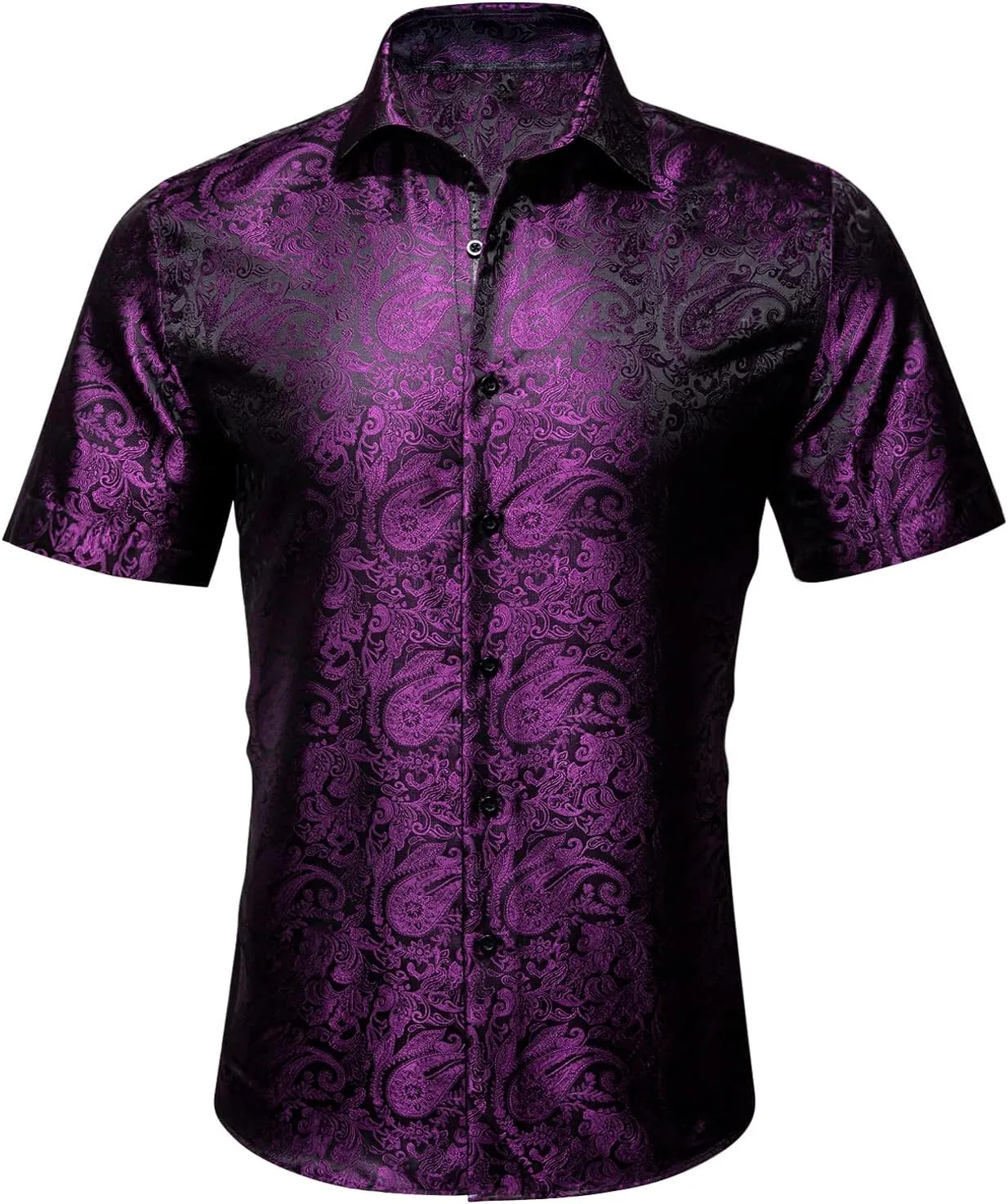 Barry.Wang Men's Silk Shirts Short Sleeve Western Designer Button Down Paisley Shirt Casual Beach Summer Party Mexico