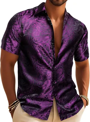 Barry.Wang Men's Silk Shirts Short Sleeve Western Designer Button Down Paisley Shirt Casual Beach Summer Party Mexico