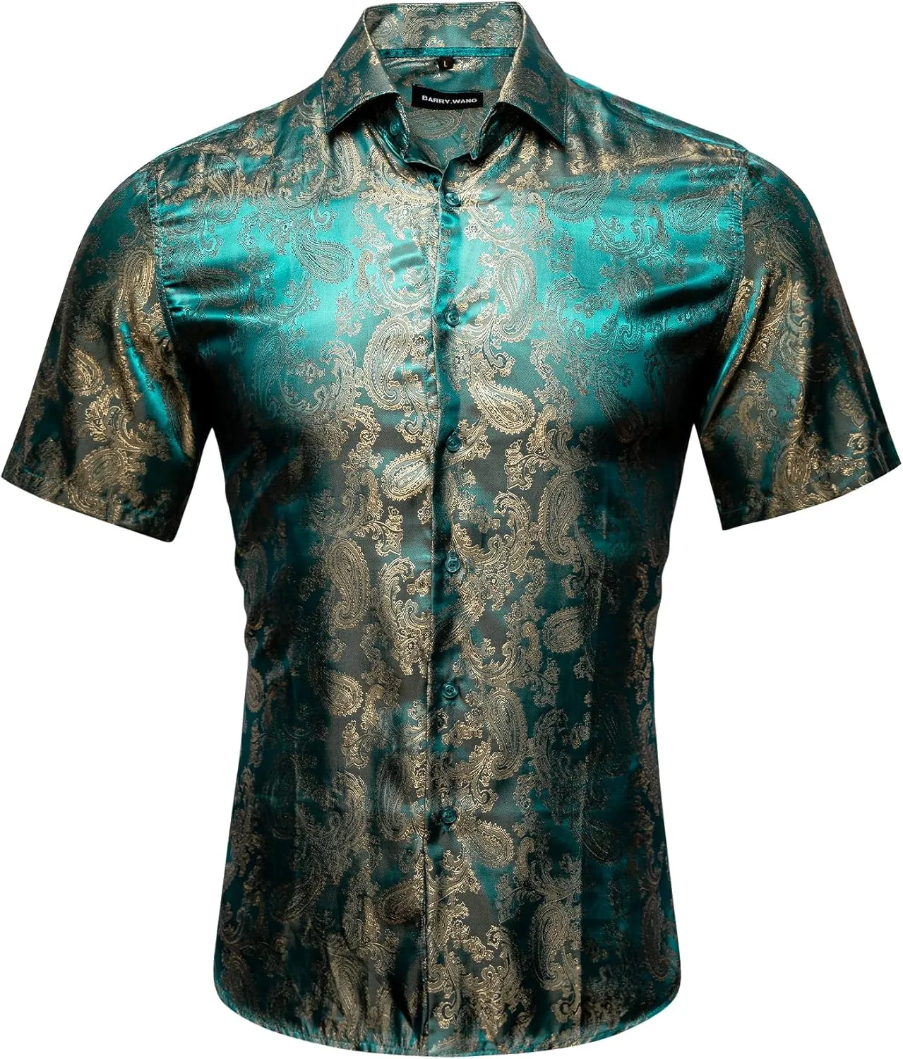 Barry.Wang Men's Silk Shirts Short Sleeve Western Designer Button Down Paisley Shirt Casual Beach Summer Party Mexico