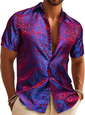 Barry.Wang Men's Silk Shirts Short Sleeve Western Designer Button Down Paisley Shirt Casual Beach Summer Party Mexico