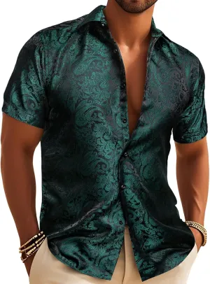 Barry.Wang Men's Silk Shirts Short Sleeve Western Designer Button Down Paisley Shirt Casual Beach Summer Party Mexico